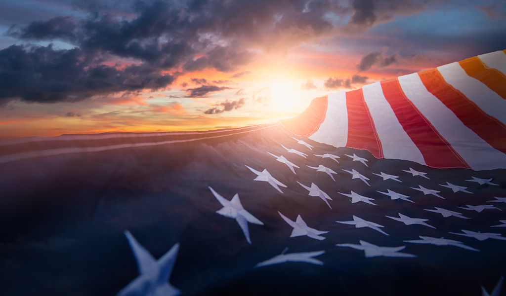 American flag at sunset