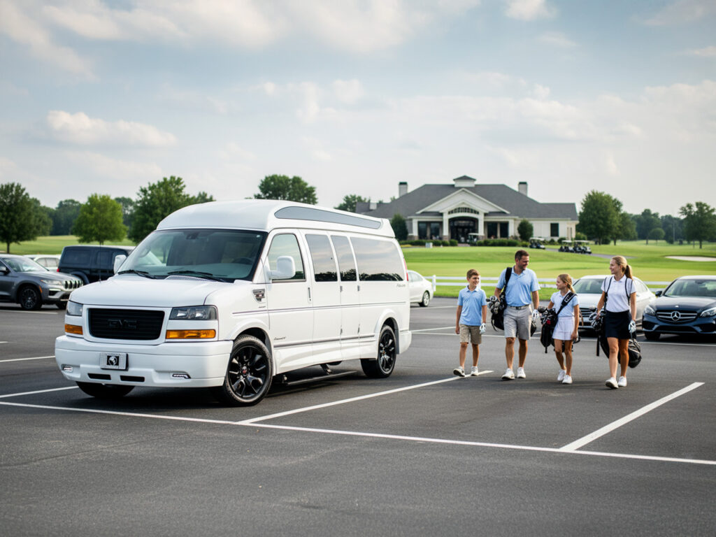 Family at golf course walking next a Golf Cruiser