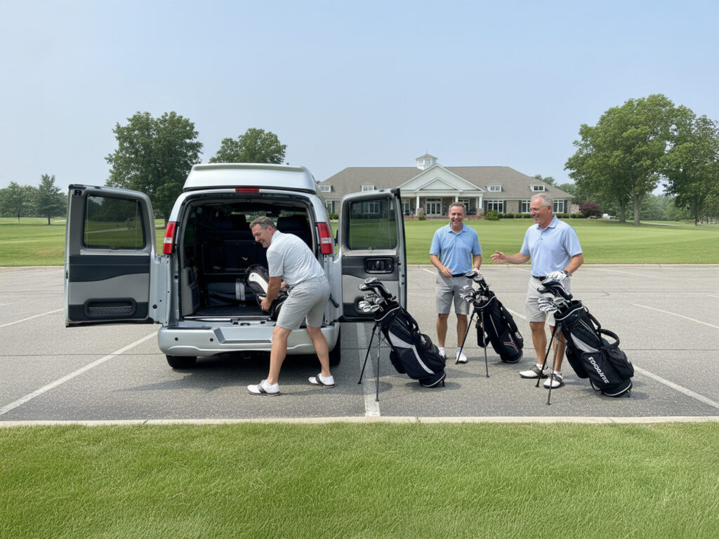 Golf buddies taking their equipment out of their Golf Cruiser Plus